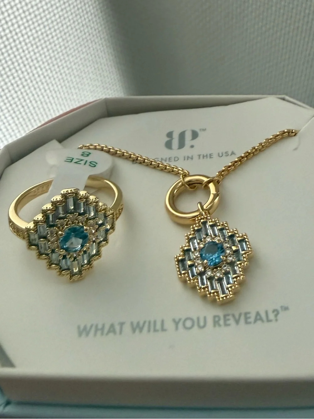 Bomb Party Gold-Tone Necklace and Ring Set with Blue Crystal Accents